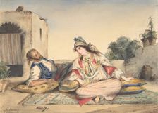 A Moroccan Couple on Their Terrace, 1832. Creator: Eugene Delacroix