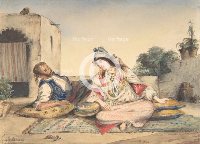 A Moroccan Couple on Their Terrace, 1832. Creator: Eugene Delacroix.