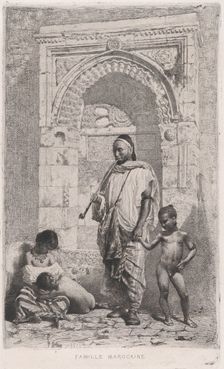 A Moroccan family in front of an arch, father standing, mother lower left on the ground ho..., 1862. Creator: Mariano Jose Maria Bernardo Fortuny y Carbo