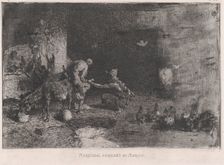 A Morrocan farrier at left accompanied by another figure attending to the hoof of a..., ca. 1860-70. Creator: Mariano Jose Maria Bernardo Fortuny y Carbo