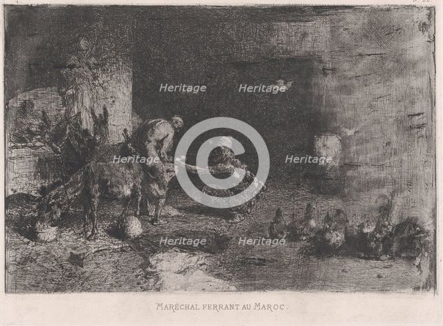 A Morrocan farrier at left accompanied by another figure attending to the hoof of a..., ca. 1860-70. Creator: Mariano Jose Maria Bernardo Fortuny y Carbo.