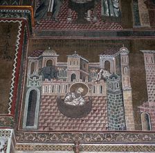 A mosaic showing St Paul escaping from a city in a basket, 12th century