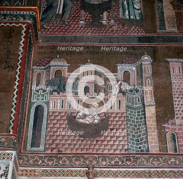 A mosaic showing St Paul escaping from a city in a basket, 12th century. Artist: Unknown