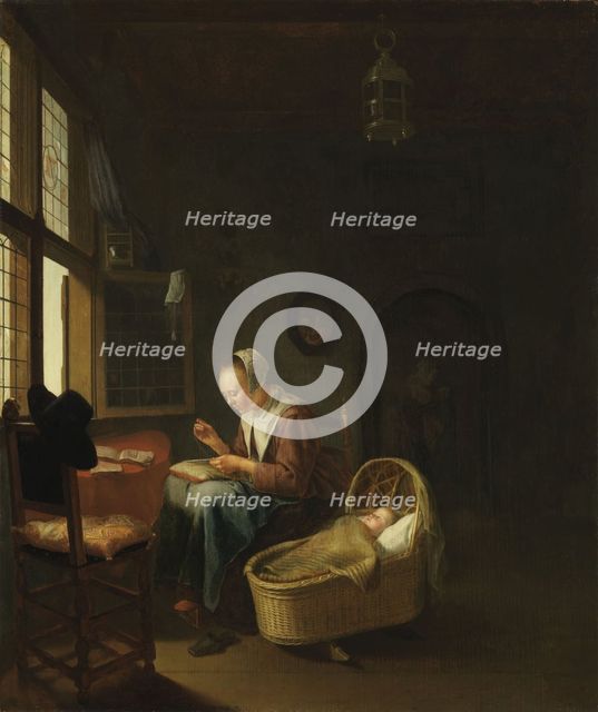 A mother sewing with her child, c. 1670.