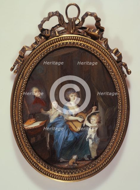 A mother playing the guitar in front of her two sons, 1787. Creator: Nicolas Dubois.