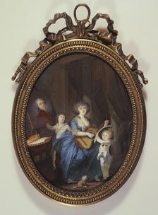 A mother playing the guitar in front of her two sons, 1787. Creator: Nicolas Dubois