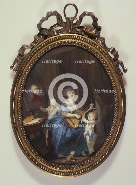 A mother playing the guitar in front of her two sons, 1787. Creator: Nicolas Dubois.