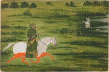 A mounted man hunting birds with a falcon, early 18th century. Creator: Unknown