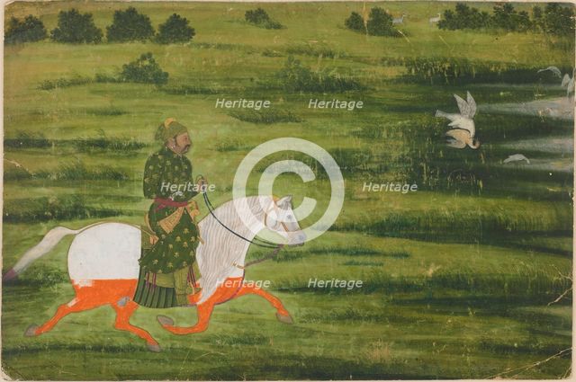A mounted man hunting birds with a falcon, early 18th century. Creator: Unknown.