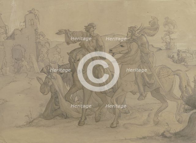 A mounted king shows a warrior on horseback the way to a ruin above which a star shines, 1846. Creator: Victor Muller.
