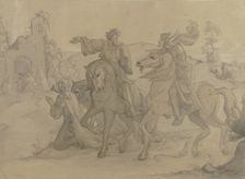 A mounted king shows a warrior on horseback the way to a ruin above which a star shines, 1846. Creator: Victor Muller