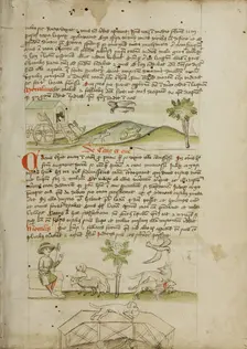 A Mouse in a Wagon and a Frog Scrambling Up Steps: A Dog and..., third quarter of 15th century. Creator: Unknown