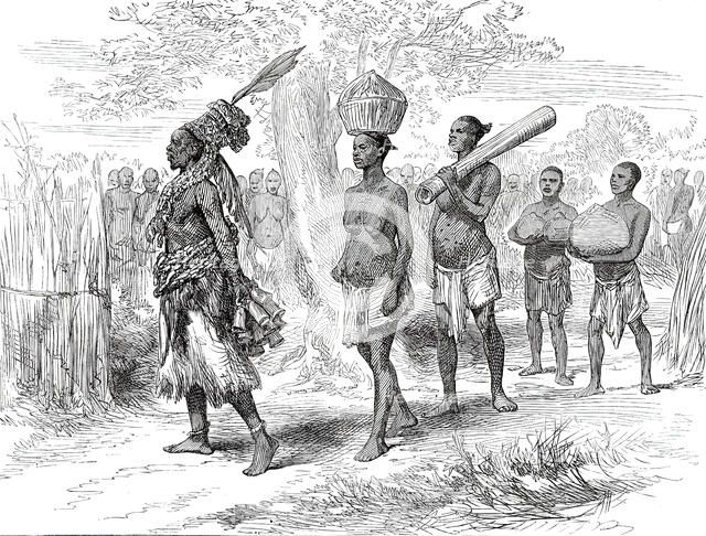 A Mrua Medicine Man and his Train, from a sketch by Lieutenant Cameron in Central Africa, 1876. Creator: Unknown.