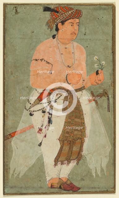 A Mughal Prince, Perhaps Danyal, Holding a Sprig of Flowers, c. 1580-1590. Creator: Unknown.