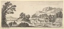 A mule carrying a woman and a peasant walking with a mule to left, a fisherman to righ..., ca. 1641. Creator: Stefano della Bella