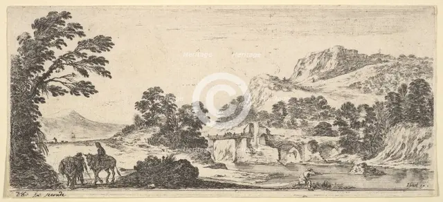 A mule carrying a woman and a peasant walking with a mule to left, a fisherman to righ..., ca. 1641. Creator: Stefano della Bella.