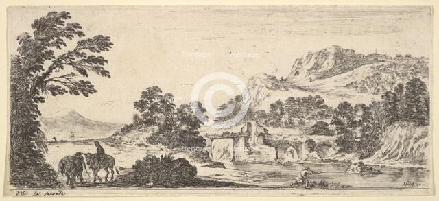 A mule carrying a woman and a peasant walking with a mule to left, a fisherman to righ..., ca. 1641. Creator: Stefano della Bella.