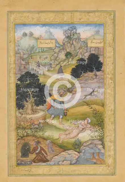A Muslim Pilgrim Learns a Lesson in Piety from a Brahman, Folio from a Khamsa..., 1597-98. Creators: Muhammad Husain Kashmiri, Basawan.