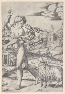 A naked young man walking left, carrying a lantern and looking backwards over his s..., ca. 1510-27. Creator: Marcantonio Raimondi