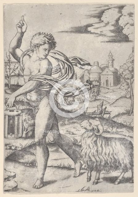 A naked young man walking left, carrying a lantern and looking backwards over his s..., ca. 1510-27. Creator: Marcantonio Raimondi.