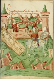 A Naked King, tied to a board, is dragged from the city; Barlaam und Josaphat, 1469. Creators: Hans Schilling, Diebolt Lauber