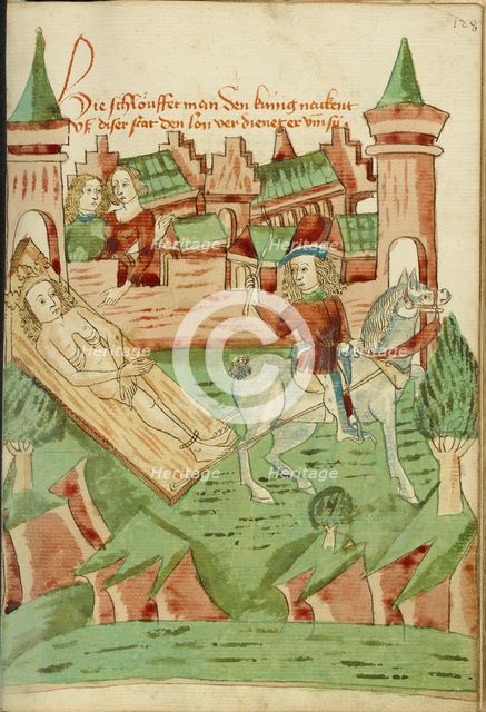 A Naked King, tied to a board, is dragged from the city; Barlaam und Josaphat, 1469. Creators: Hans Schilling, Diebolt Lauber.