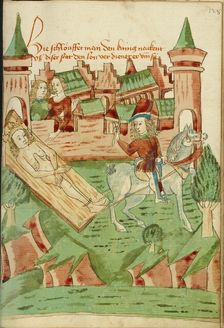 A Naked King, tied to a board, is dragged from the city; Barlaam und Josaphat, 1469. Creators: Hans Schilling, Diebolt Lauber