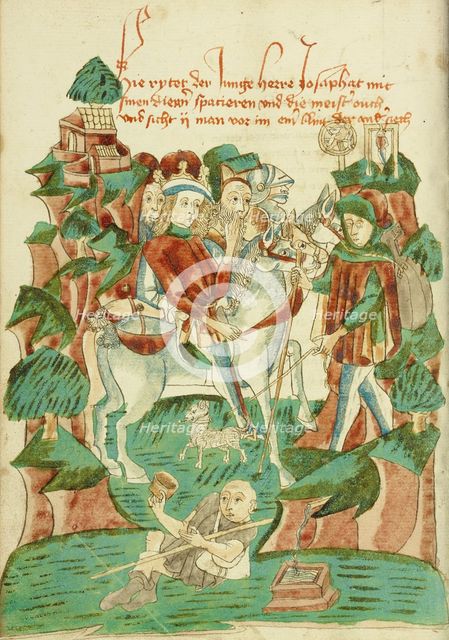 A Naked King, tied to a board, is dragged from the city; Barlaam und Josaphat, 1469. Creators: Hans Schilling, Diebolt Lauber.