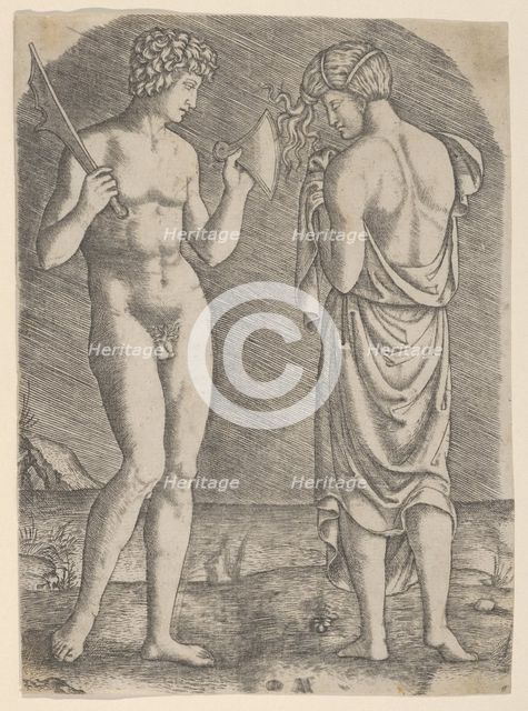 A naked man at left showing an axe to a woman at right, ca. 1510-27. Creator: Marcantonio Raimondi.
