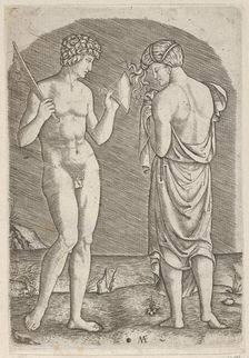 A naked man at left showing an axe to a woman at right, ca. 1510-27. Creator: Marcantonio Raimondi