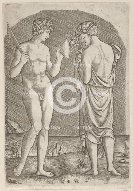 A naked man at left showing an axe to a woman at right, ca. 1510-27. Creator: Marcantonio Raimondi.