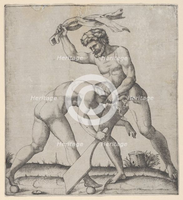 A naked man holding Fortune by the hair and whipping her, ca. 1510-27. Creator: Marcantonio Raimondi.