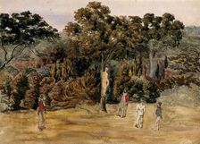 A naked man is strung up on a tree by his neck and surrounded by soldiers. Creator: Unknown