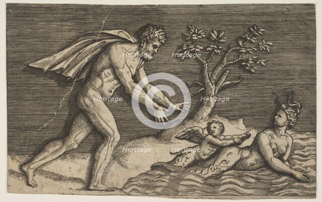 A naked man pursing a naiad and a cupid into the water, ca. 1515-27. Creator: Marco Dente.