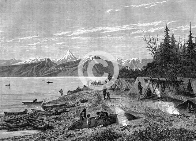A Native American camp at the edge of the Yukon river, USA, 19th century.Artist: Hurel