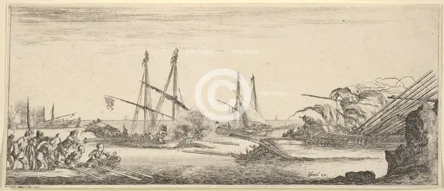 A naval battle, a rowboat full of men to left, a sinking ship to right, two galleys ba..., ca. 1641. Creator: Stefano della Bella.