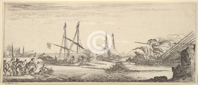 A naval battle, a rowboat full of men to left, a sinking ship to right, two galleys ba..., ca. 1641. Creator: Stefano della Bella.