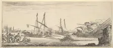 A naval battle, a rowboat full of men to left, a sinking ship to right, two galleys ba..., ca. 1641. Creator: Stefano della Bella