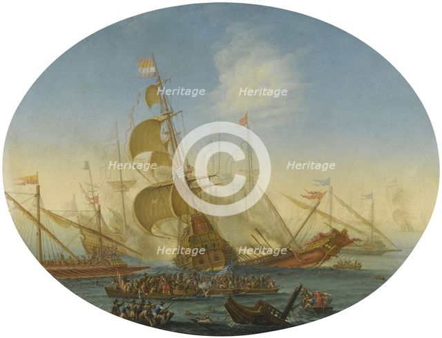 A naval battle between Turks and Christians. Artist: Grevenbroeck, Orazio (1670-1730)