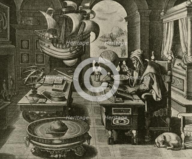 'A Navigating Expert at Work in His Study with Globe and Compass', c1591, (1928).  Creator: Unknown.