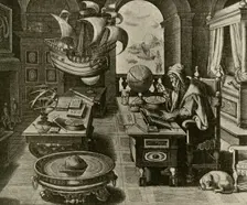 A Navigating Expert at Work in His Study with Globe and Compass c1591, (1928). Creator: Unknown
