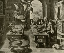 A Navigating Expert at Work in His Study with Globe and Compass c1591, (1928). Creator: Unknown