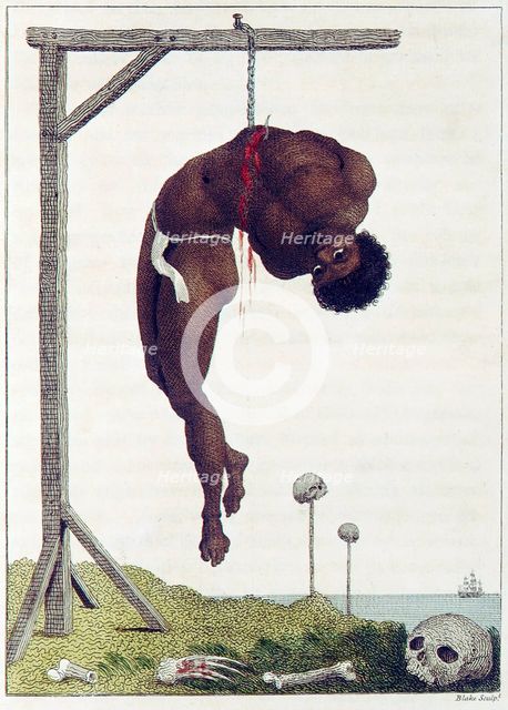 A Negro hung alive by the Ribs to a Gallows, pub. 1796. Creator: John Gabriel Stedman (1744-97).