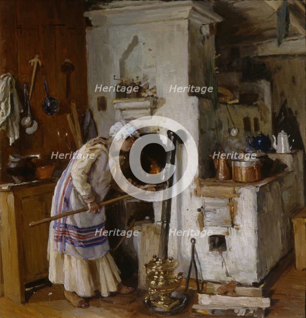 A new home dare. At the Stove, 1918. Artist: Makovsky, Alexander Vladimirovich (1869-1924)
