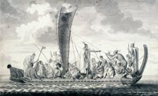 A New Zealand war canoe with sail, 1768-1780. Creator: Unknown