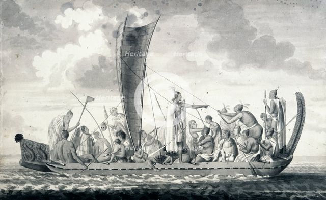 A New Zealand war canoe with sail, 1768-1780.   Creator: Unknown.
