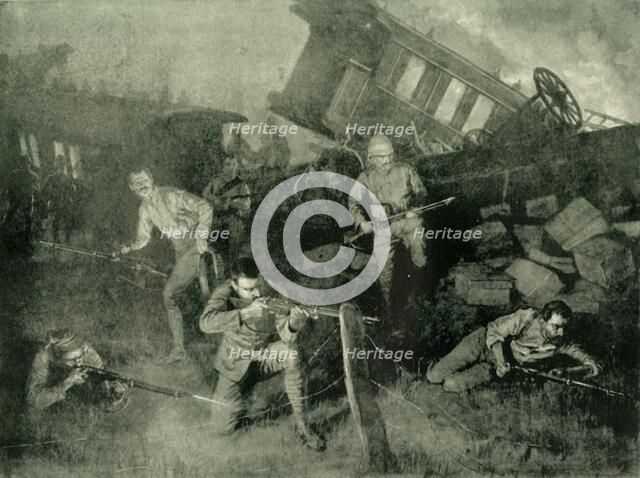 'A Night Attack: Defending a Train Derailed by the Boers', 1902. Creator: Frank Dadd.