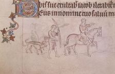 A noble and serf hunting, c1300-c1325. Creator: Unknown