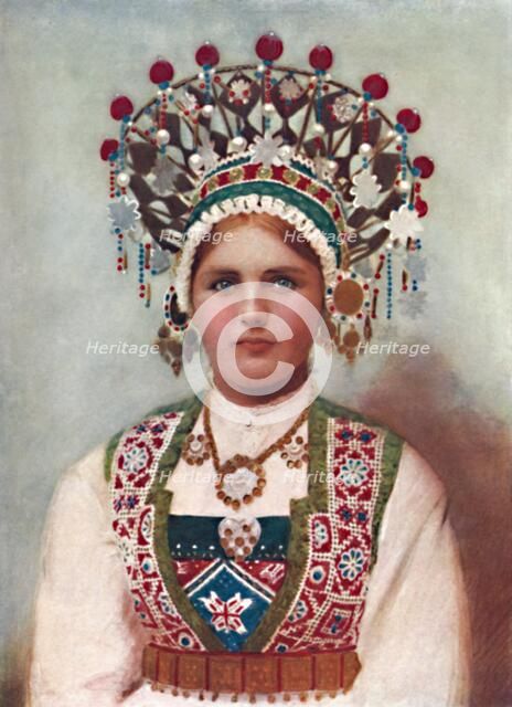 A Norwegian girl in bridal dress, 1912. Artist: Unknown.