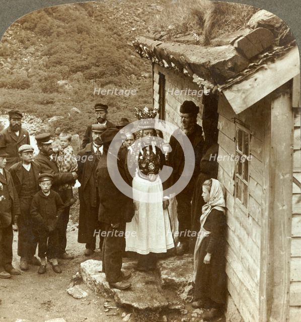 'A Nordfjord bride and groom with guests and parents at house door, Brigsdal, Norway', c1905. Creator: Unknown.